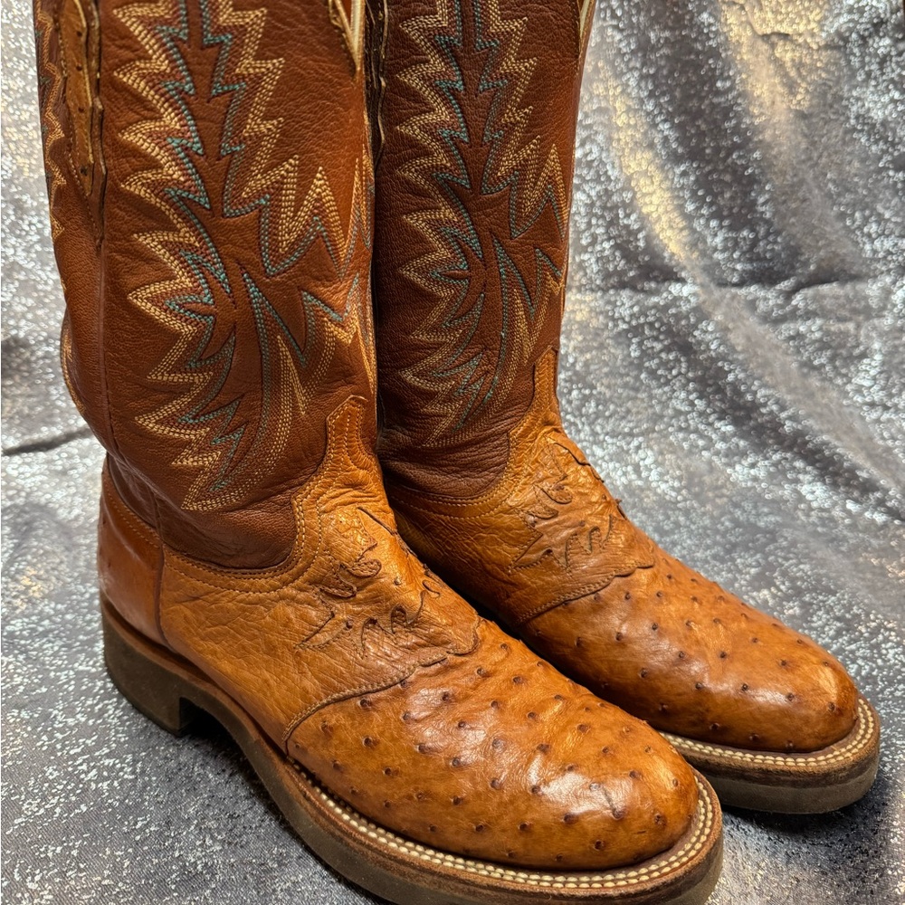Lucchese Brown Ostrich Leather Western Boots with Blue Stitching
